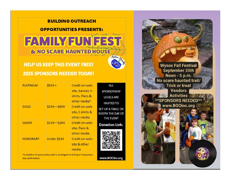 Flier lists event details for Wysox Fall Festival and asks for sponsorships from individuals and businesses. Has images of children and a QR code